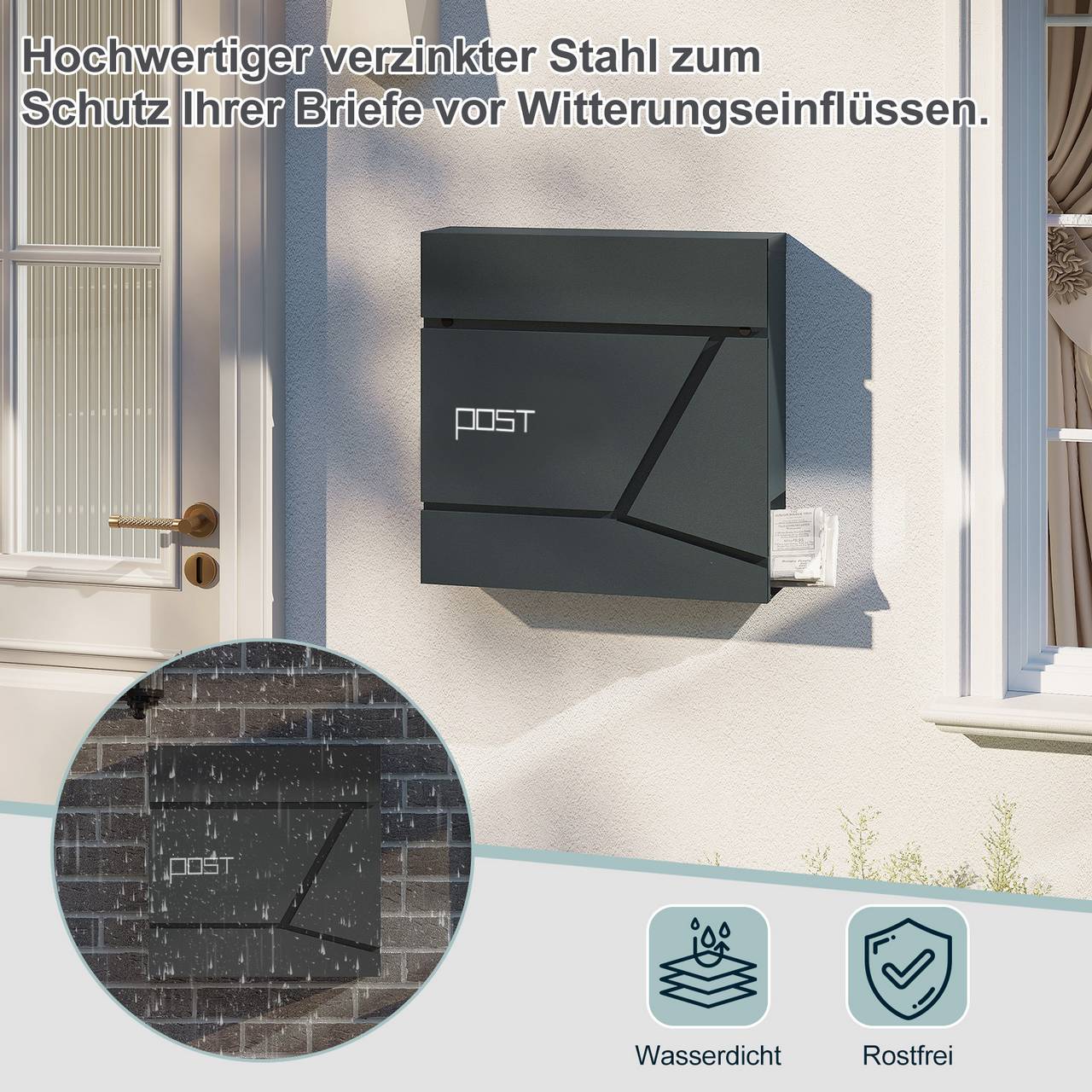 Woltu Briefkasten mit Zeitungsfach – Anthrazit – Stahl – 37 x 37 x 10,5 cm