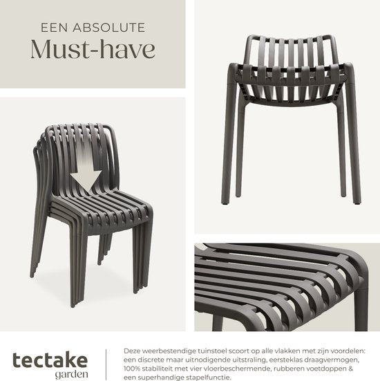 tectake® 4er Set Gartenstühle Alcudia - Anthrazit - Kunststoffstühle - Stapelbar - Stühle für Garten, Terrasse oder Balkon - Wetterfest und UV-beständig - Belastbarkeit 120kg pro Gartenstuhl