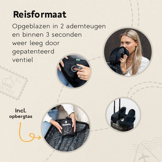 TRAVARA Aufblasbares Nackenkissen – The Airsnoozer – Reisekissen – Für Flugzeug und Auto – Mit Ohrstöpseln – Nackenkissen – Schwarz