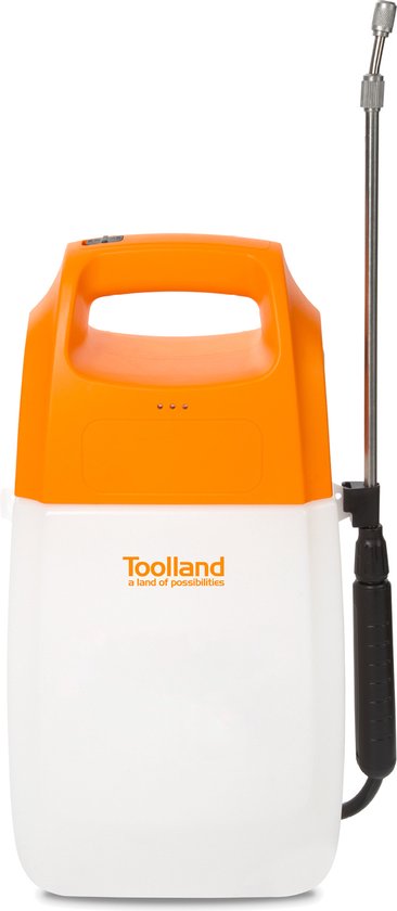 Toolland Drucksprüher, elektrisch, Akku, Teleskoplanze, verstellbarer Sprühkopf, Schultergurt, 6 Liter, weiß/orange/schwarz