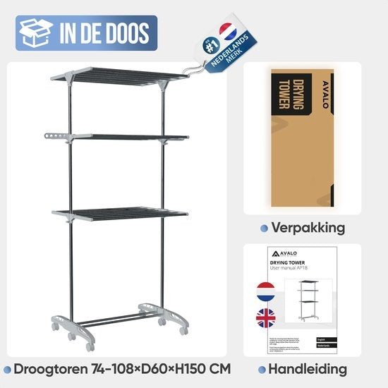 Avalo Wäscheständer - Trockenturm mit Rädern - 4 Ebenen - faltbar - Weiß