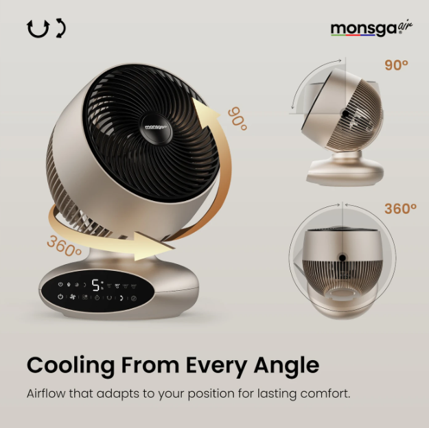Monsga AC200 Turbo-Tischventilator – 30 dB, extrem leise – 360°-Schwenkfunktion – Fernbedienung