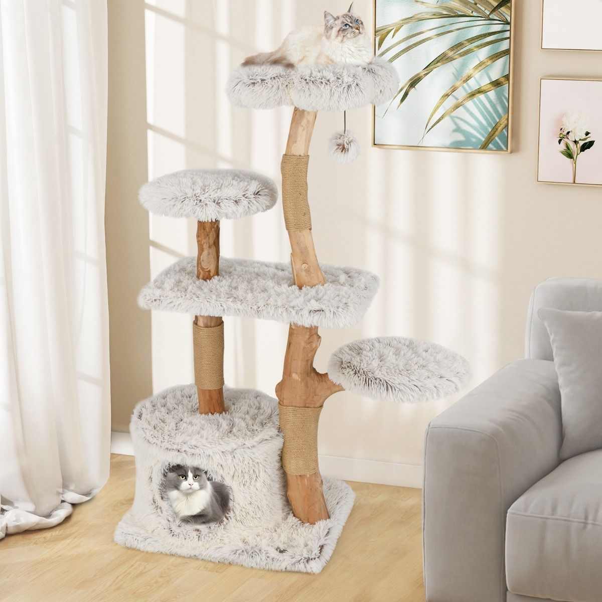 Coast Kratzbaum 135 cm aus massivem Birnenholz – Kratzstangen aus Jute – Sitzstange aus Plüsch – Weiß/Natur