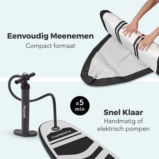 LifeGoods SUP Board - mit Sitz - Aufblasbares Paddle Board - Komplettset - Max. 135KG - 320x81cm - Weiß/Schwarz