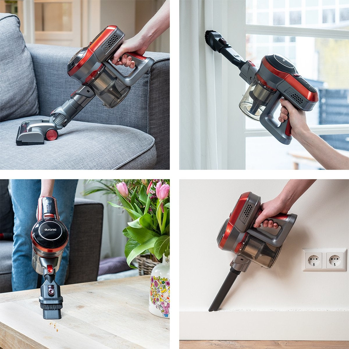 Auronic Stabstaubsauger kabellos - Beutellos - 4-in-1 - Akkubetrieben - 160W - Rot/Grau