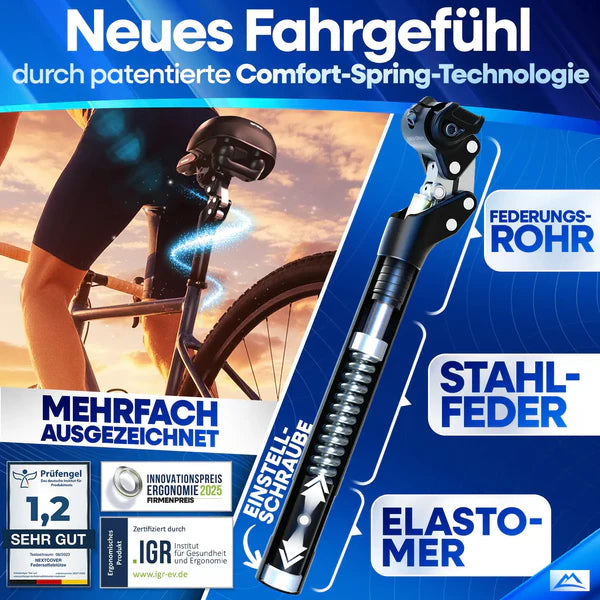 Nextcover ComfortSet MAX – Fahrradsattel + gefederte Sattelstütze – E-Bike/Sport – Schwarz