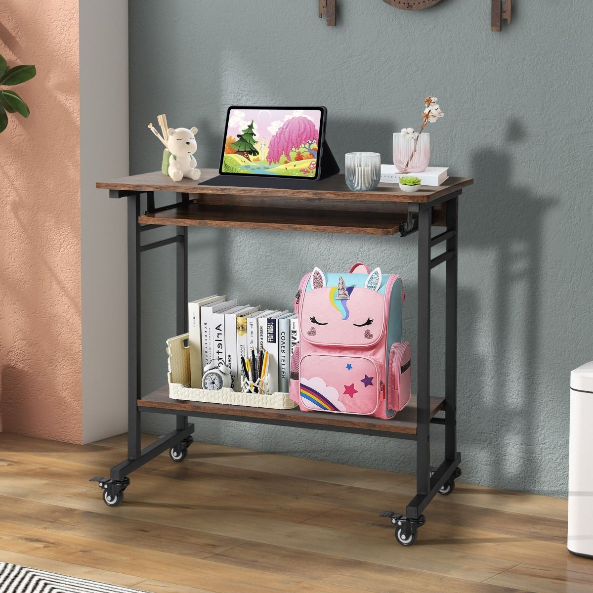 Coast Mobiler Computertisch – ausziehbare Tastaturablage – Ablagefach und Haken – rustikales Braun 80 x 50 x 78 cm