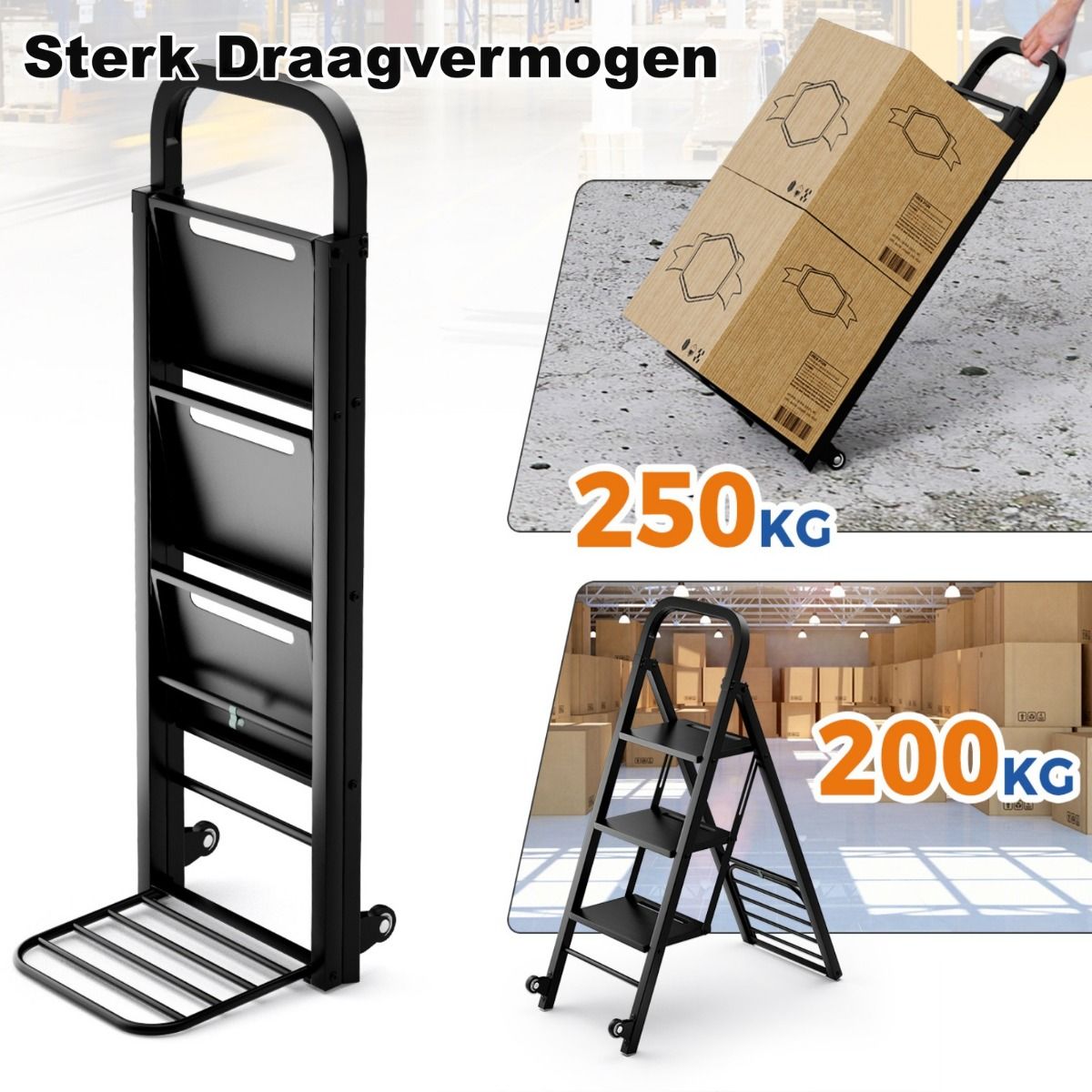 Coast Klappleiter und Transportwagen – 2-in-1-Design – 3 breite Sprossen – Schwarz