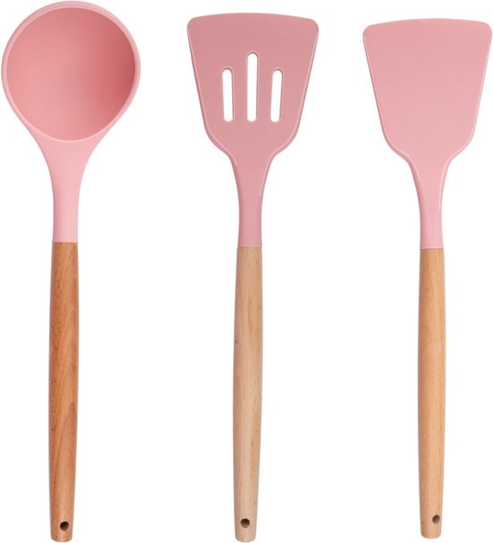alpina Küchenutensilien-Set mit Halter – 12-teilig – Silikon-Utensilien mit Holzgriff – Rosa