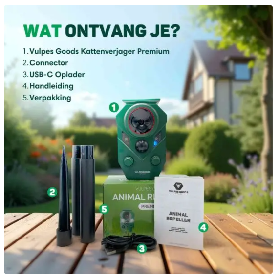 Vulpes Goods® - Katzenvertreiber Premium - 5 x 9 x 14 cm - Mit 5 Arbeitsmodi und PIR-Sensor und LED-Blitzlicht und Solarenergie - Für Garten und Balkon - Grüner Kunststoff