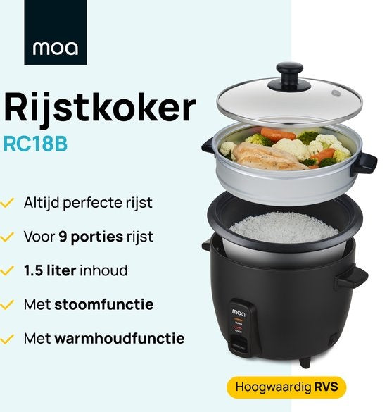 MOA Reiskocher mit Dampfgarer 1,5 Liter - Schwarz - RC18B