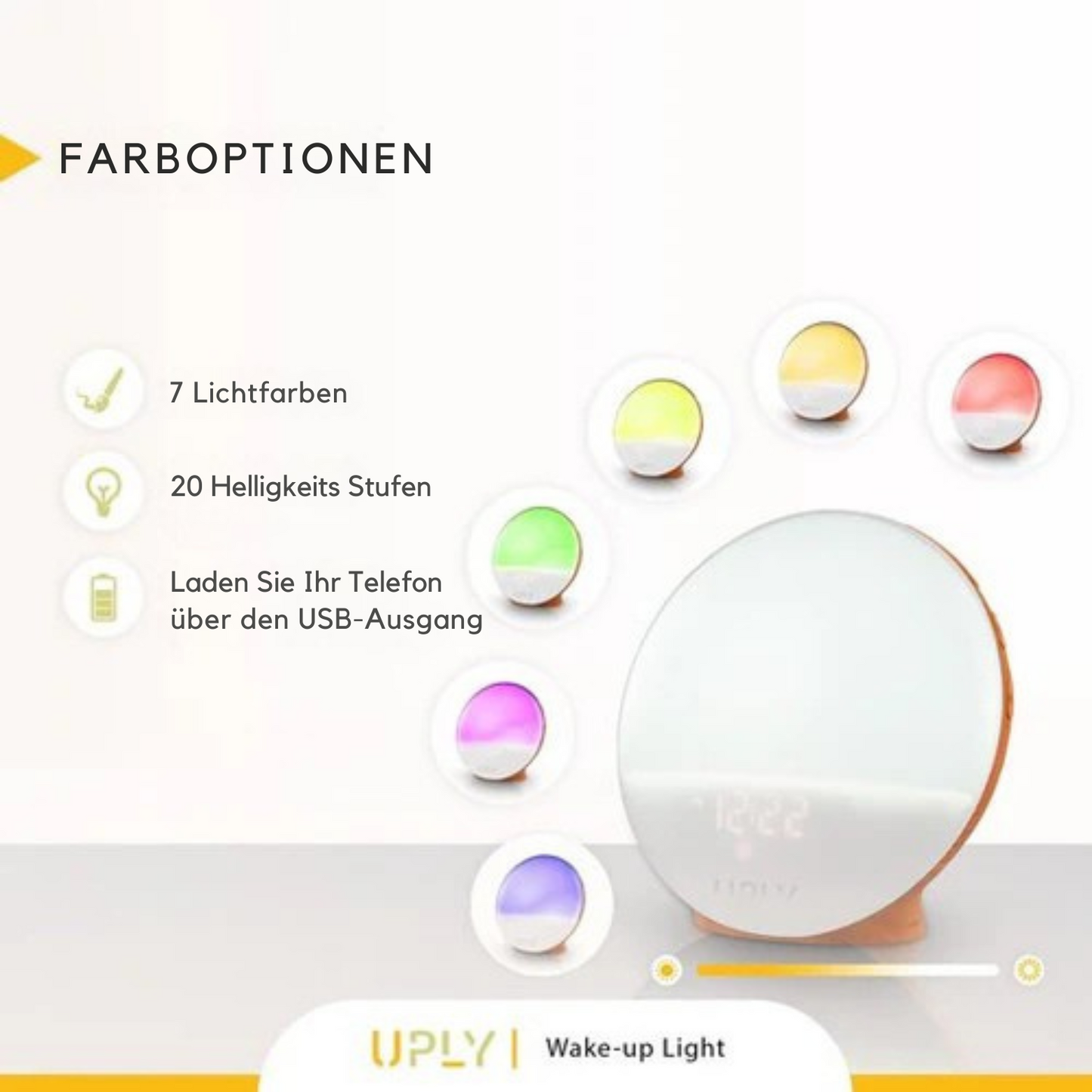 UPLY - Wake Up Light - Lichtwecker mit USB-Ladestation - mit 4 Alarmen - WiFi - Google Home | Amazon Alexa - Weiß