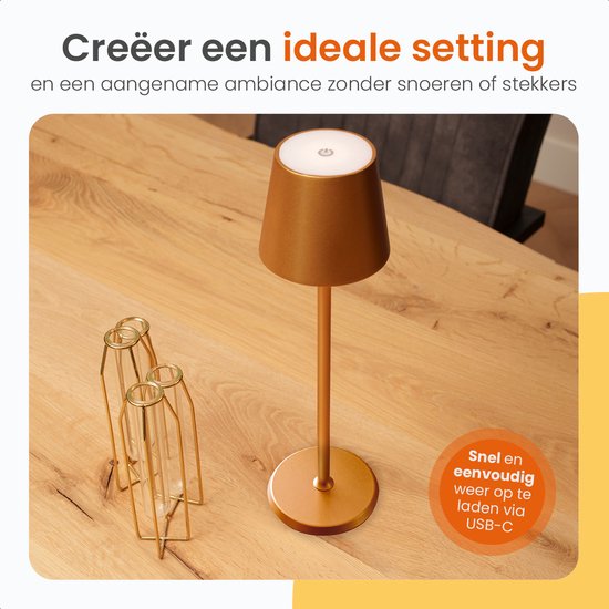 Goliving Essence Tischlampe Wiederaufladbar - 2 Stück - Kabellos und dimmbar - Moderne Touch-Lampe - Nachtlampe für das Schlafzimmer - 38 cm - Gold
