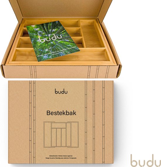 Budu Extendable Bamboo Cutlery Tray #33.5 (33.5 cm tief) - Besteckkassette Holz - Besteckschublade - 33.5 x 28 - 45 cm - 5/7 Fächer