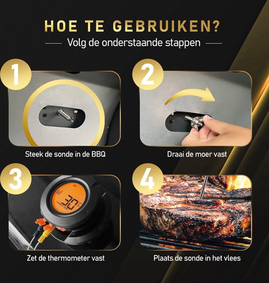 MostEssential AT-02 Fleischthermometer - Smart BBQ Thermometer - Inklusive Bluetooth, App & 2 Messfühler