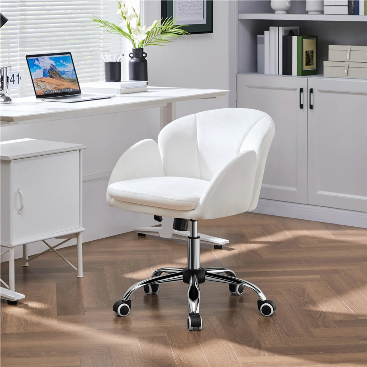 Yaheetech – Stilvoller Bürostuhl mit Blumenmuster, 72–81,5 cm – Schneeweiß – Polyester und Metall