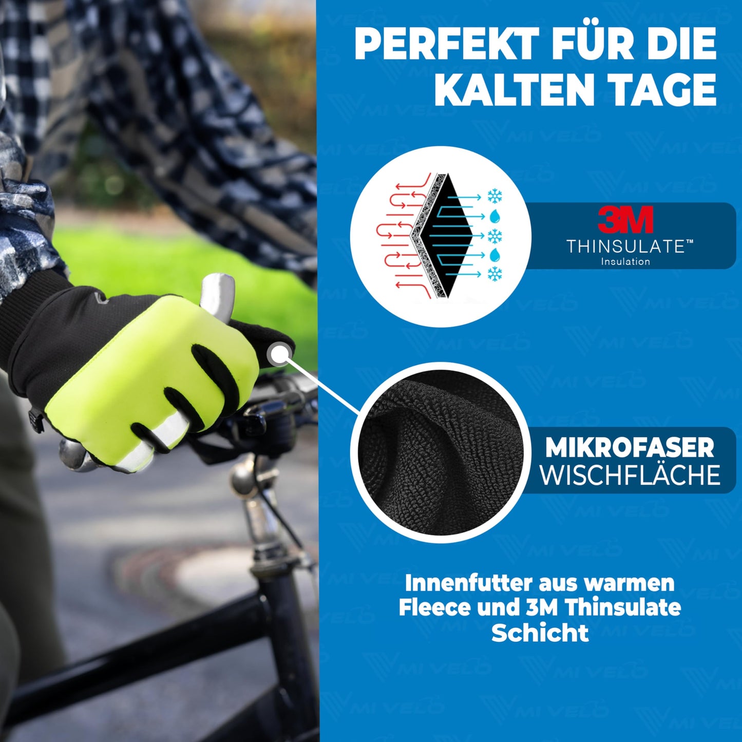MIVELO Herren-Fahrradhandschuhe für den Winter – Thermo-Fleece – wasserdicht und winddicht – touchscreenfähig – gelb – XXL