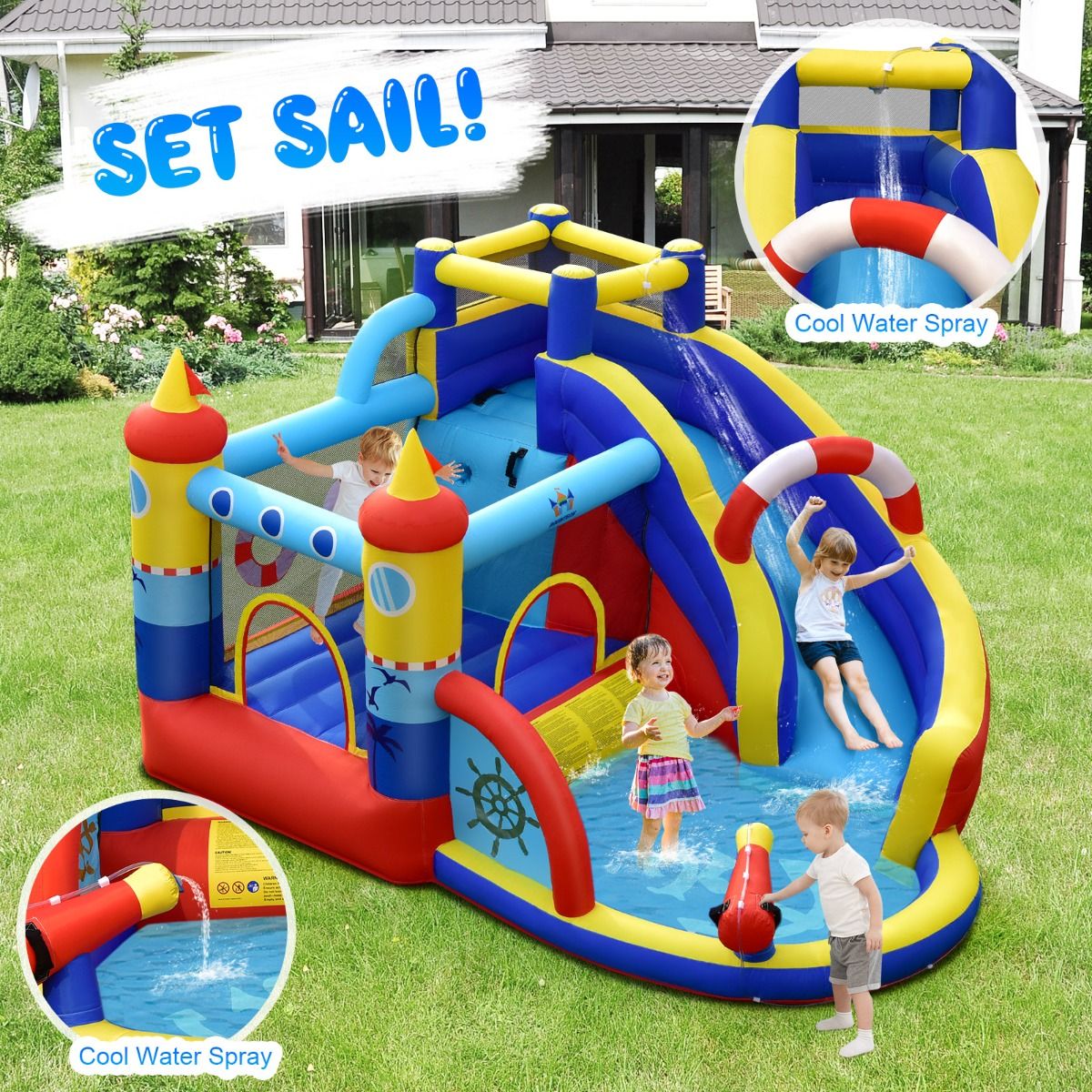 Coast Aufblasbare Spielburg „Piratenschiff“ – 5-in-1-Wasserpark mit Rutsche und Kletterwand – inklusive Wasserpistole und Ventilator – 360 x 290 x 200 cm