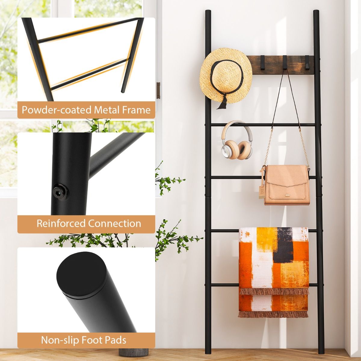 Coast Wand-Leiterregal 5-lagig 60x3,5x180 cm Rustikales Braun & Schwarz mit 5 abnehmbaren Haken