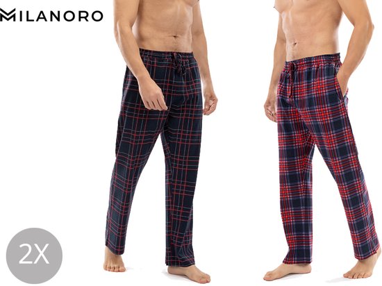 Milanoro - 2er-Set Herren-Pyjamahose aus Baumwolle - Navy/Blau uni - XL