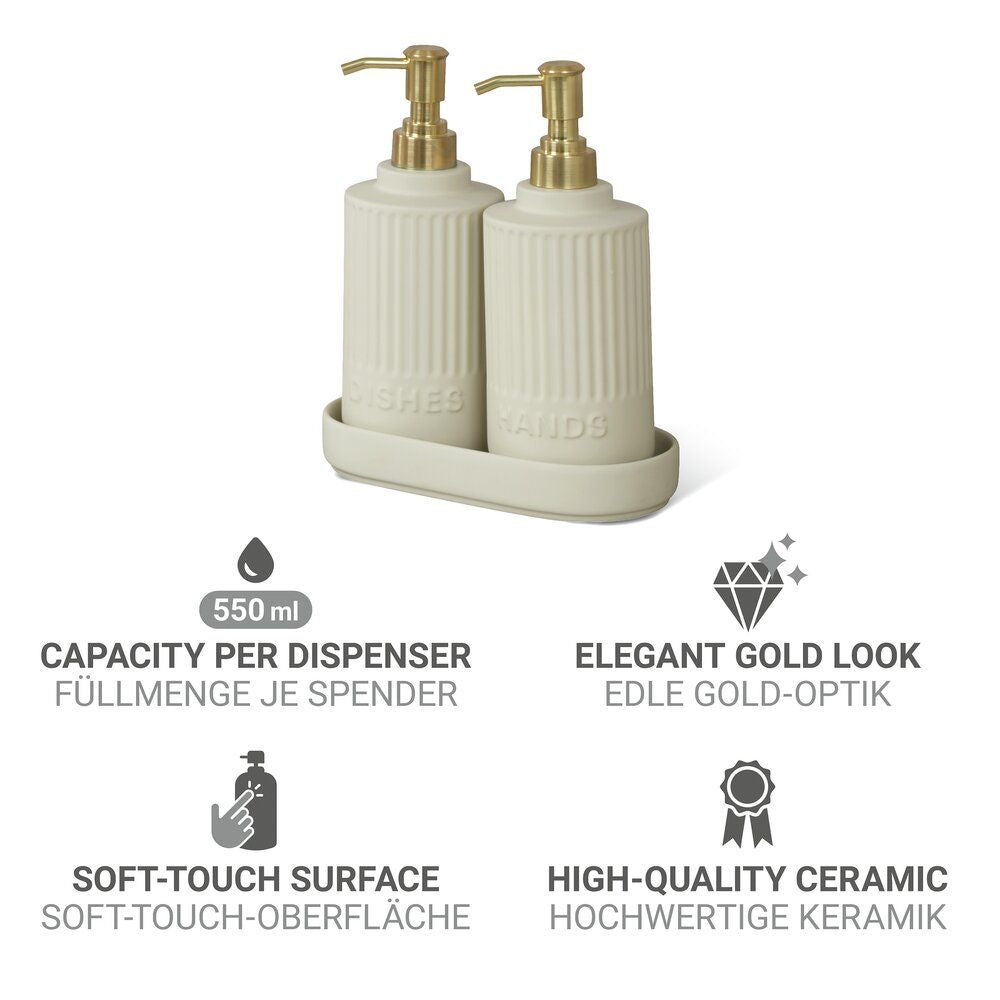 WENKO Heidi Seifen- und Spülmittelspender-Set Creme – 2 x 550 ml – Keramik