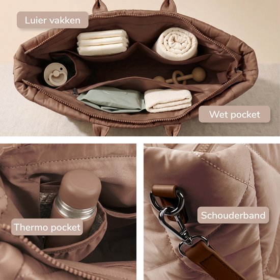 Mommsy Wickeltasche – Wickeltasche – Mom Bag – Thermofach – Gesteppter Puffer-Stoff – Mommy Bag – Besonders geräumig – Wasserabweisend – Organizer – Leicht – Braun