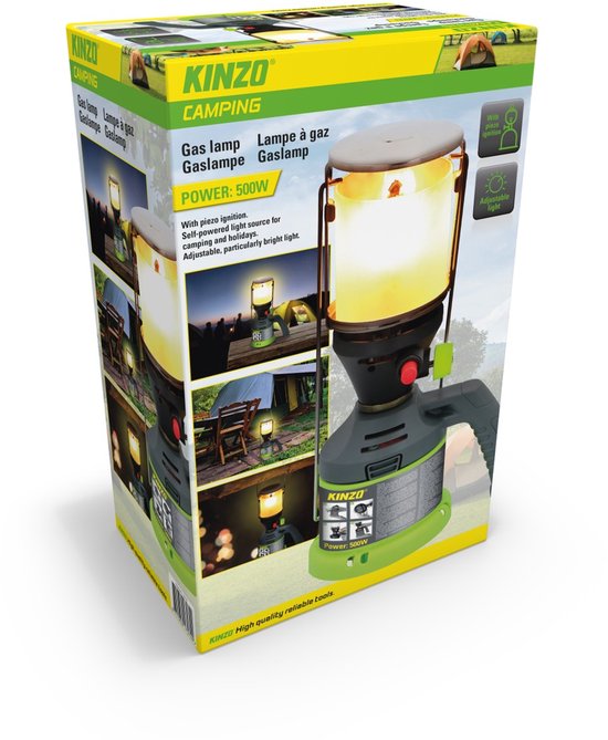 Kinzo Gaslampe – Campinglampe mit Gasbetrieb – Mit Piezo-Zündung und Tragegriff – Inklusive 3 Gasschläuche – 500 W