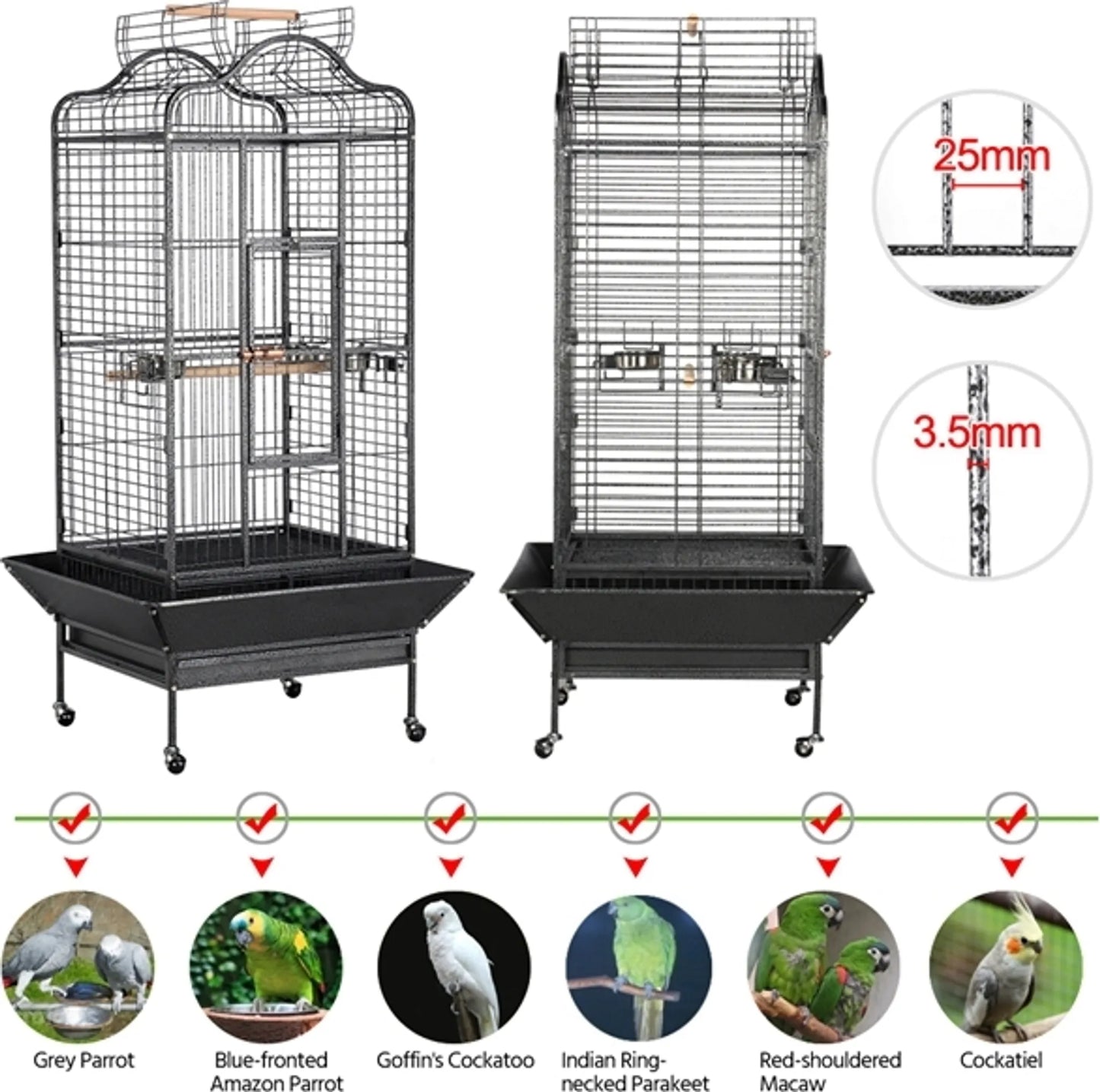 Yaheetech Vogelkäfig Papageienkäfig - 81 x 77 x 154-160 cm - Ausgestattet mit klappbarem viktorianischem Dach und Schmutzsammler und mobilem Sockel - Für Papageien und große Vögel - Schwarz gehämmertes Metall