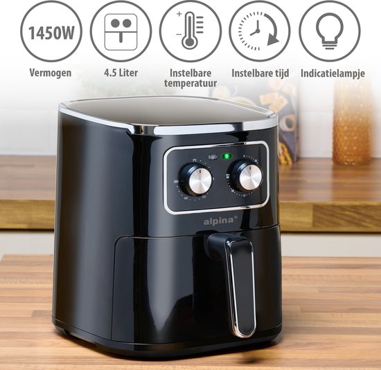 alpina Airfryer 4.5L- Heißluftfritteuse für 3 bis 4 Personen - Luftfritteuse mit einstellbarer Temperatur von 80°C bis 200°C - Timer bis zu 60 Minuten - Heißluftfritteuse 1450W - Schwarz