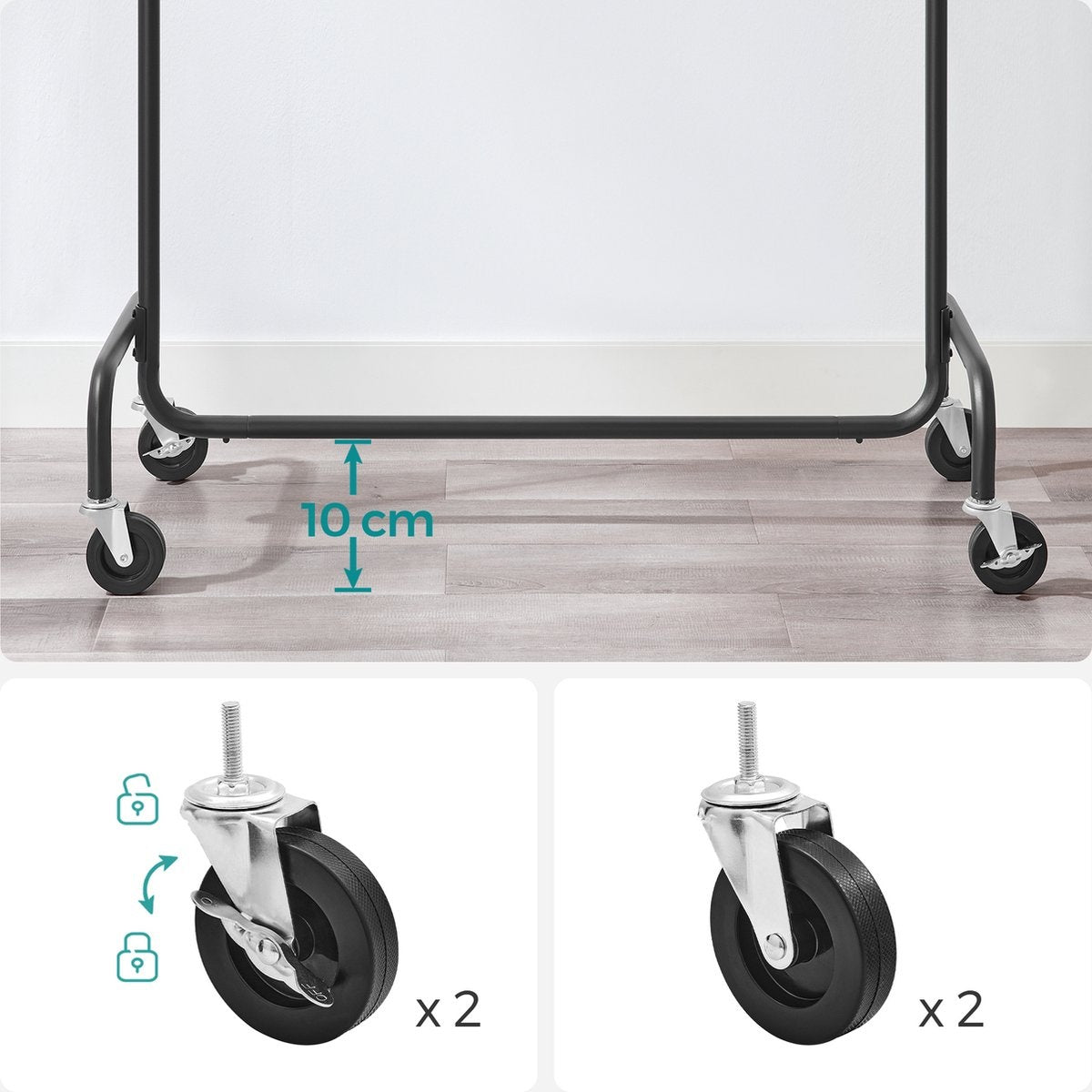 O'DADDYÂ® Kleiderständer auf Rädern - Garderobenständer - Ausziehbare Hängestange - Stabiles Design - Stabil bis zu 130kg- Metall - Schwarz