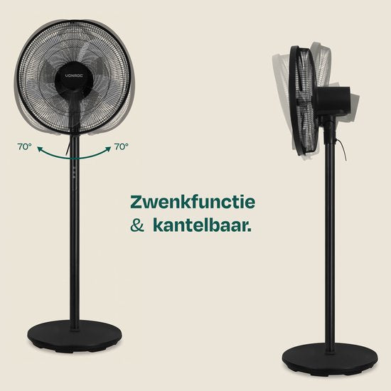 VONROC Standventilator – Ø 45,5 cm – 3 Geschwindigkeitsstufen – Timer – in 3 Höhen verstellbar – inkl. Fernbedienung – schwarz