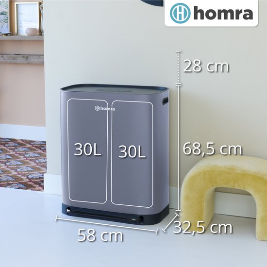 Homra Rockx Pedal Mülleimer 60 Liter - Duo Mülleimer 2X30L mit Geruchsfilter - Edelstahl Mülltrennung Mülleimer 2 Fächer - Recycling Mülleimer - Mülleimer Küchenabfalltrennung - Abfalleimer - Doppelmülleimer Grau