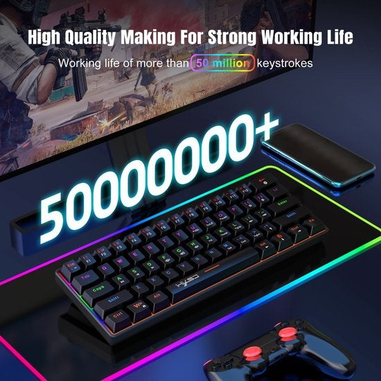 HXSJ V900 Wired Mechanical Gaming Keyboard - TKL - RGB-Beleuchtung - Ergonomisch - QWERTY - 61 Tasten - Blauer Schalter - Schwarz