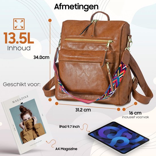Glennoo - Rucksack Damen - Wasserdicht - Anti-Diebstahl-Fach - Rücken, Schulter, Handtasche - hellbraun