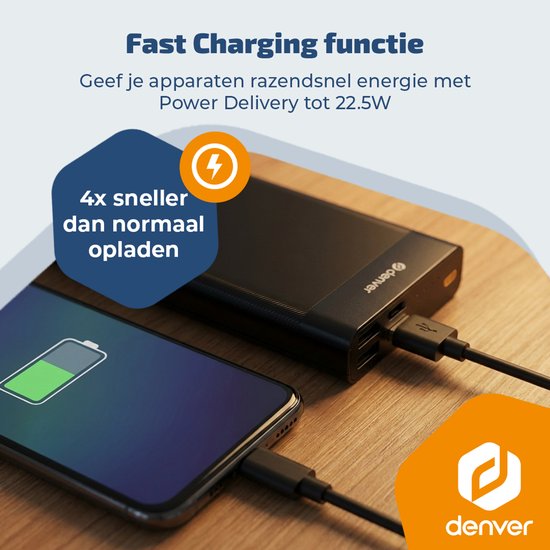 Denver Powerbank – 10.000 mAh – 22,5 W Schnellladung – LED-Anzeige – Notfallpaket – PQC10008