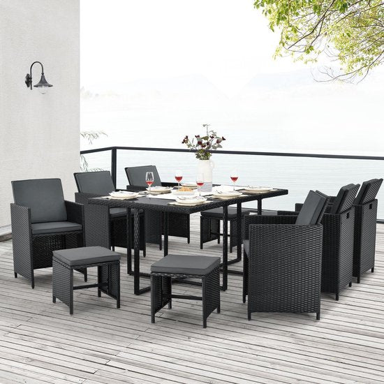 Polyrotan Esszimmergarnitur - Baracoa XL - 11 Teile - Schwarz