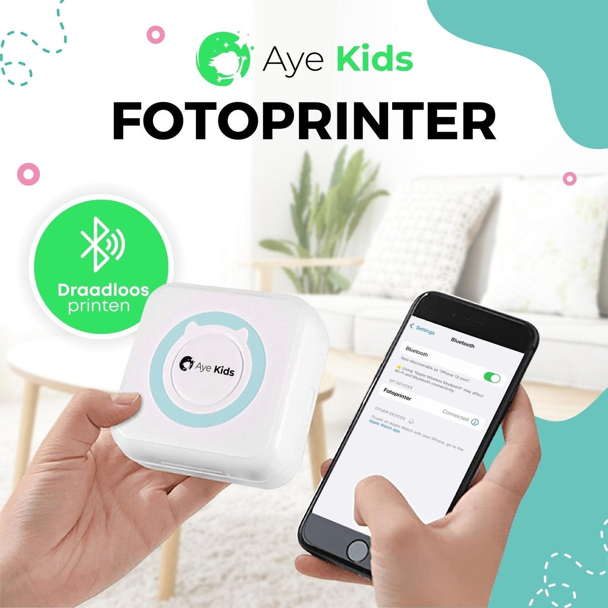 AyeKids Fotodrucker - Bluetooth - Kabellos - Inkl. 1 Rolle Fotopapier - Mini-Drucker - Taschendrucker - Blau