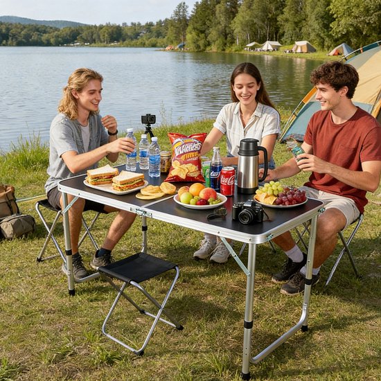 Campingtisch – mit 4 Stühlen – zusammenklappbar – höhenverstellbar – schwarz