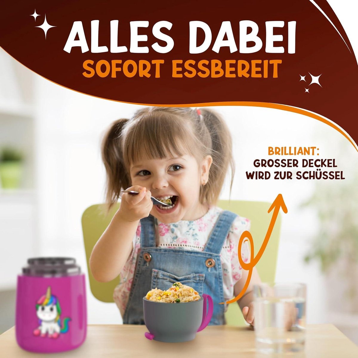 FUNKELFUCHS® - Thermobecher für Kinderkost - Essenswärmer aus Edelstahl - 500ml - 100% auslaufsicher - Rosa Einhorn