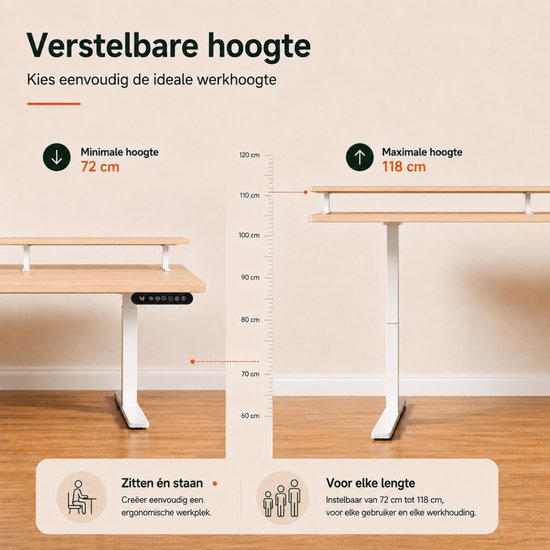 Organess Sitz-Steh-Schreibtisch – Elektrisch höhenverstellbar – 120 x 60 cm mit Erhöhung – Speicherfunktion – Kollisionsschutz – Höhenverstellbar