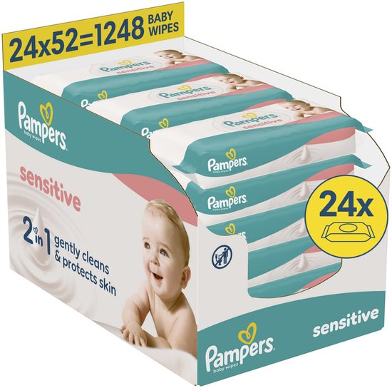 Pampers Sensitive Feuchttücher – 2-in-1: Sanfte Reinigung & Schutz – 0 % Kunststoff in den Tüchern – 24 Packungen à 52 Tücher = 1248 Babyfeuchttücher
