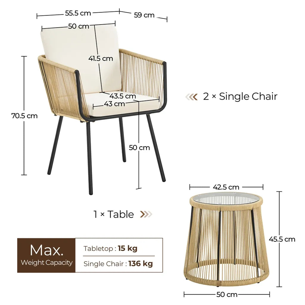 Yaheetech Gartenmöbel-Set, 3-teilig – Hellbraun/Cremefarben – Balkon-Set aus Polyrattan mit rundem Beistelltisch sowie Sitz- und Rückenkissen
