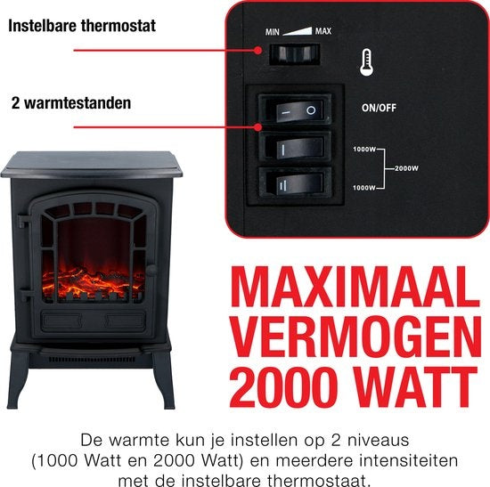 Classic Fire - Elektrischer Kamin - LED Flammen - 2000W - CE zertifiziert - Schwarz