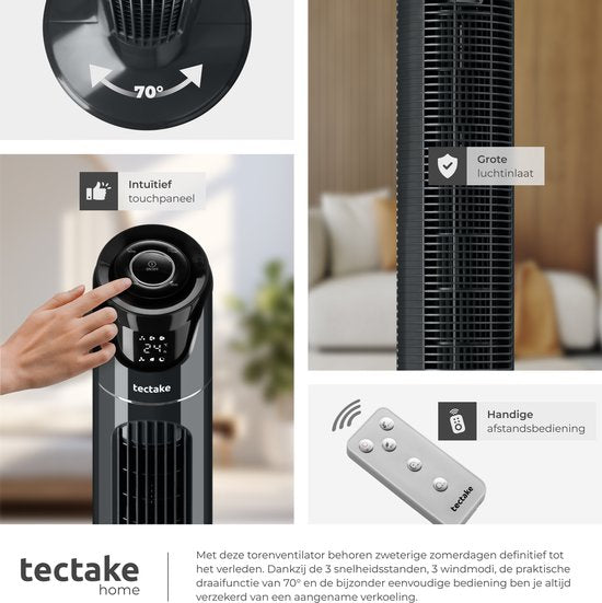 tectake® Großer Ventilator mit Fernbedienung – 110 cm – Schwenkbarer Ventilator mit 3 Geschwindigkeitsstufen – Turmventilator – Leiser Standventilator mit verschiedenen Windmodi + Timer – Luftkühler – Schwarz