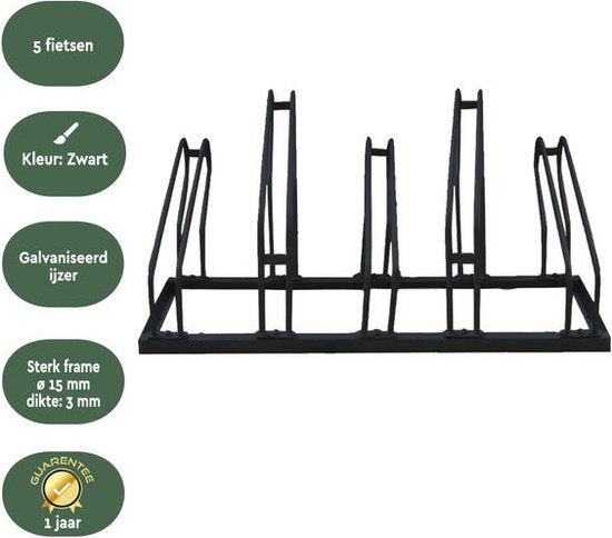BRASQ Fahrradträger für 5 Fahrräder - Fahrradständer - Fahrradträger - Fahrradhalterung für Boden Inklusive Befestigungsmaterial - Schwarz