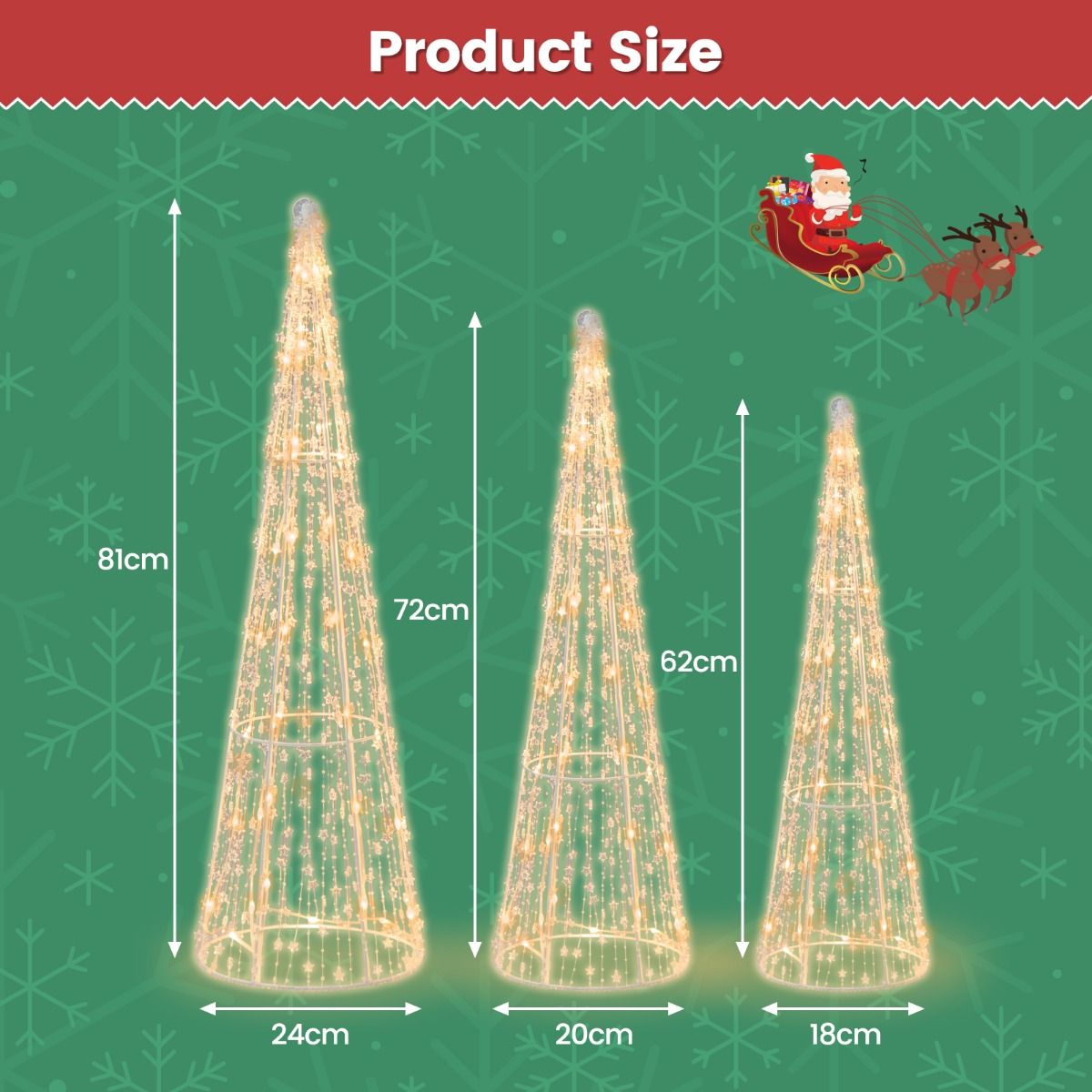 Coast Illuminated Christmas Cone Trees 3er Set - Warm White LED - Sterngirlanden - Weiß - 81 / 72 / 62 cm - Für Innen & Außen