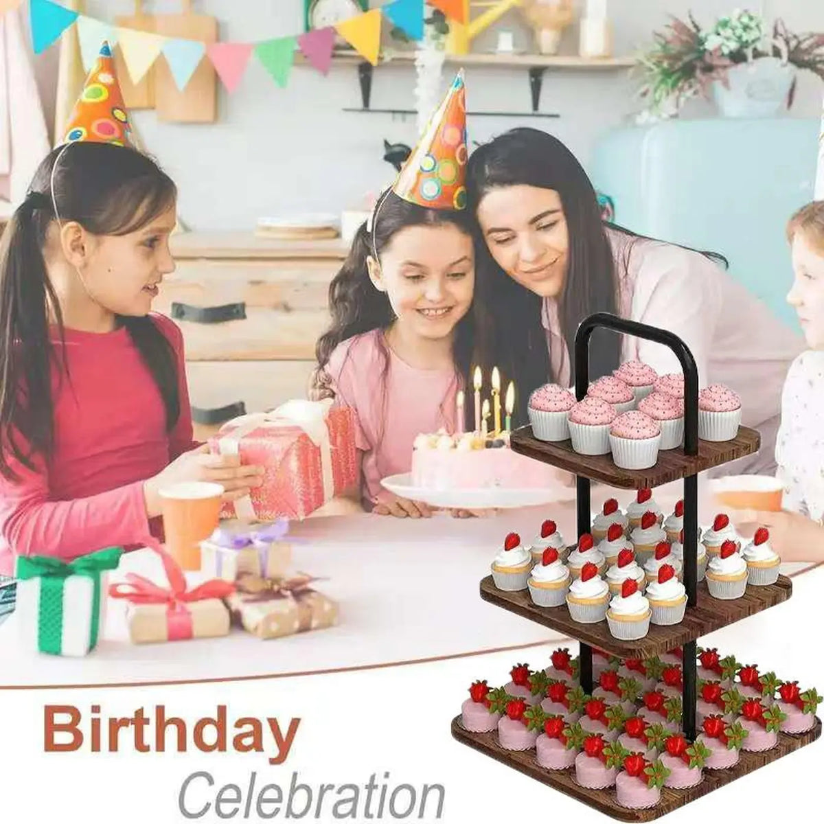 SRD Quadratischer Kuchenständer – Holzimitat im Antik-Look – Braun – Holz