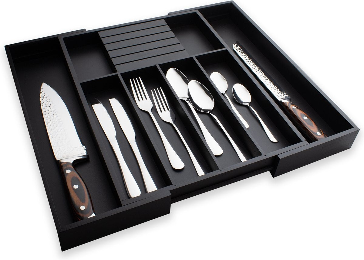 Nimma Besteckkasten - Ausziehbar - 7-Besteckschubladen - 43,5 cm tief - 5cm hoch - Bambusholz - Schwarz