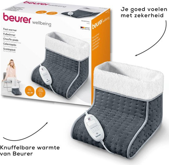 Beurer FW 20 Elektrischer Fußwärmer – 3 Heizstufen – Bis Größe 47 – Schnelle Aufheizung – Automatische Abschaltung – Fleece/Teddy – Maschinenwaschbares Innenfutter – 3 Jahre Garantie – Grau