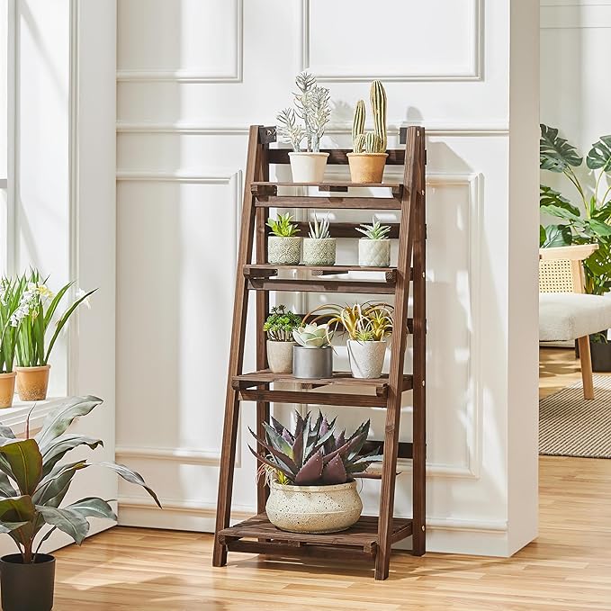 Yaheetech Pflanzenregal, 4-stöckig, zusammenklappbar – Braun – Blumenregal aus Holz für drinnen und draußen